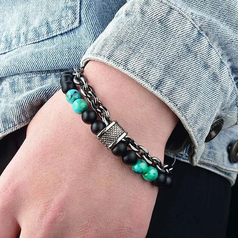 Lapis Frosted Stone Metal Double Layer Bracelet-Woolova
