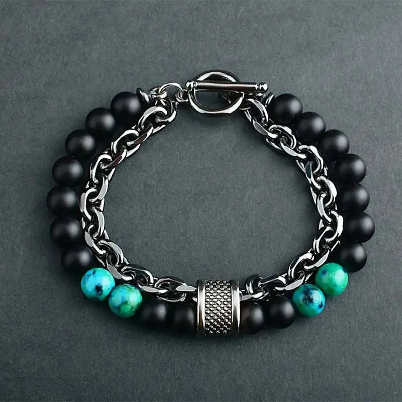 Lapis Frosted Stone Metal Double Layer Bracelet-Woolova