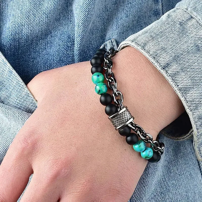 Lapis Frosted Stone Metal Double Layer Bracelet-Woolova
