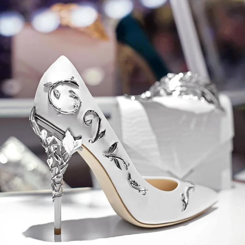 Women Flower Heel Wedding Shoes Elegant Silk High Heels Pumps-Woolova