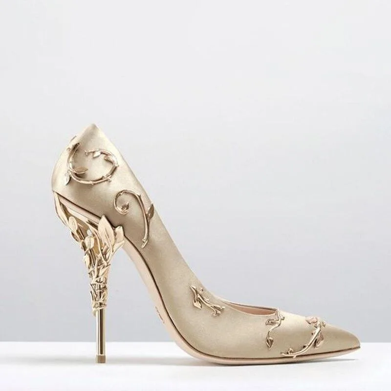 Women Flower Heel Wedding Shoes Elegant Silk High Heels Pumps-Woolova