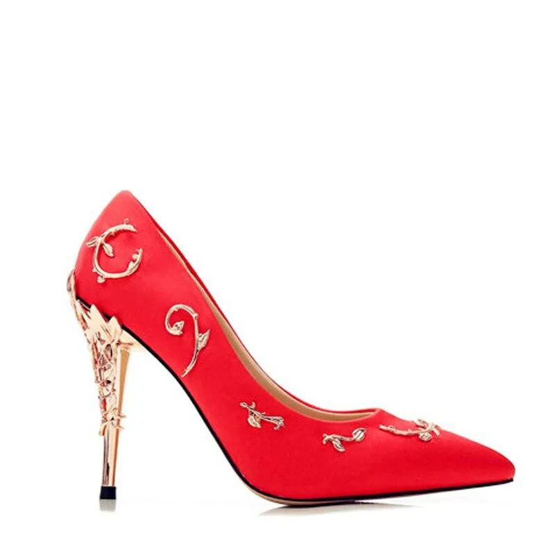 Women Flower Heel Wedding Shoes Elegant Silk High Heels Pumps-Woolova