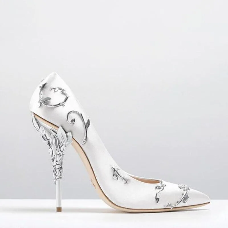 Women Flower Heel Wedding Shoes Elegant Silk High Heels Pumps-Woolova