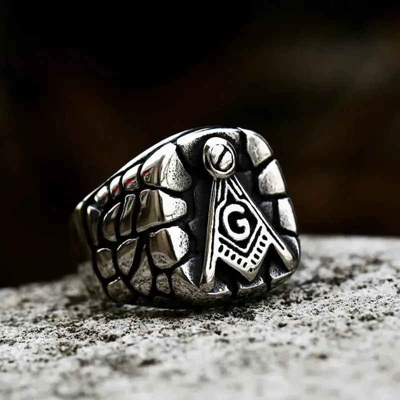 Masonic Cracked Stone Style Stainless Steel Ring-Woolova