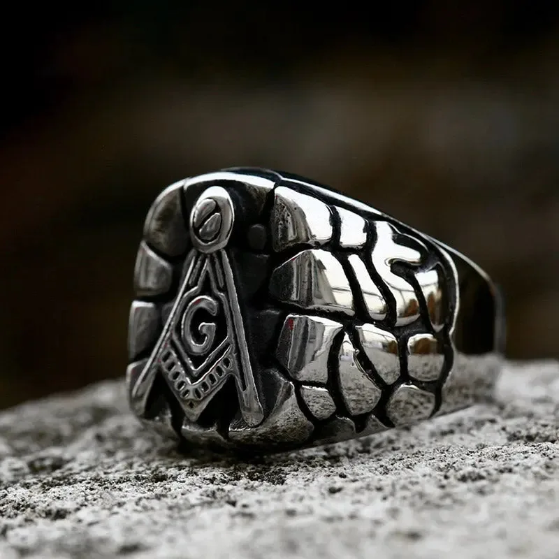 Masonic Cracked Stone Style Stainless Steel Ring-Woolova