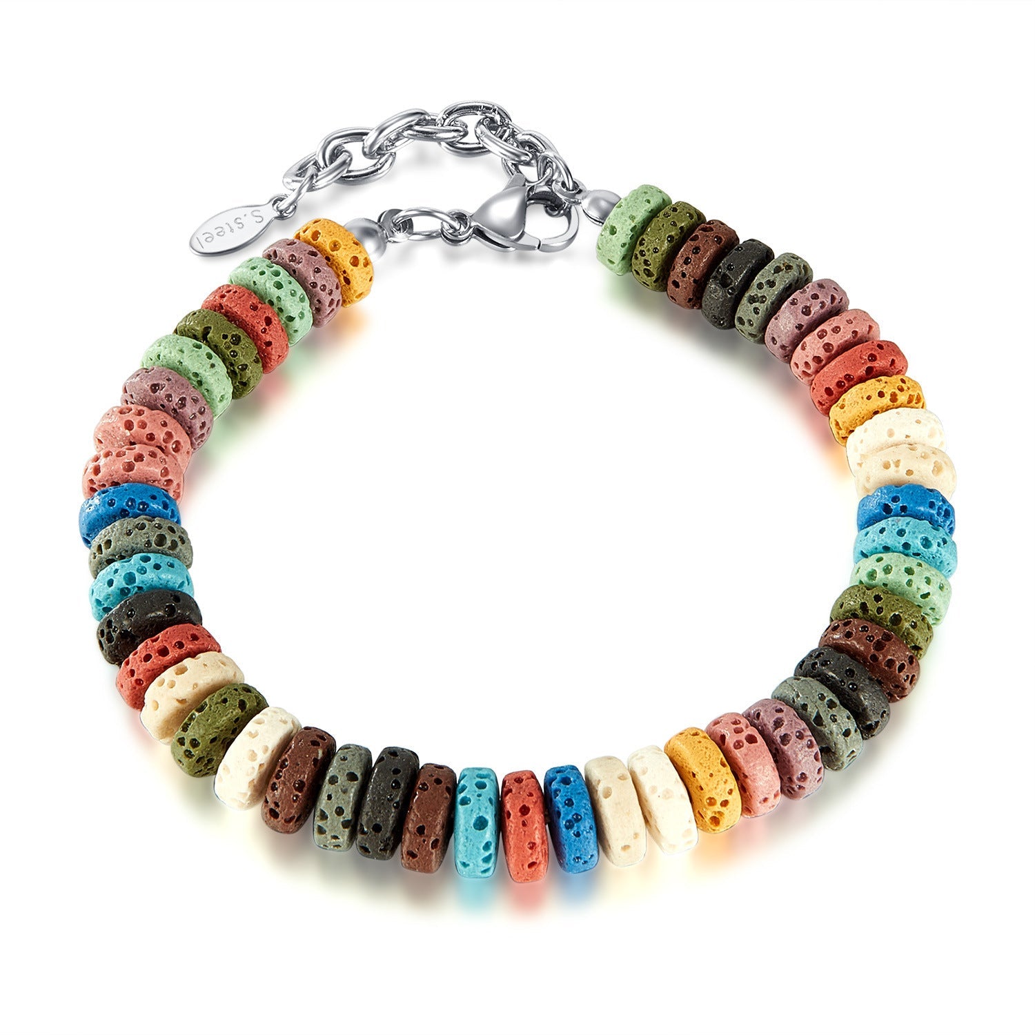 Multicolor Volcanic Stone Beaded Chain Bracelet-Woolova