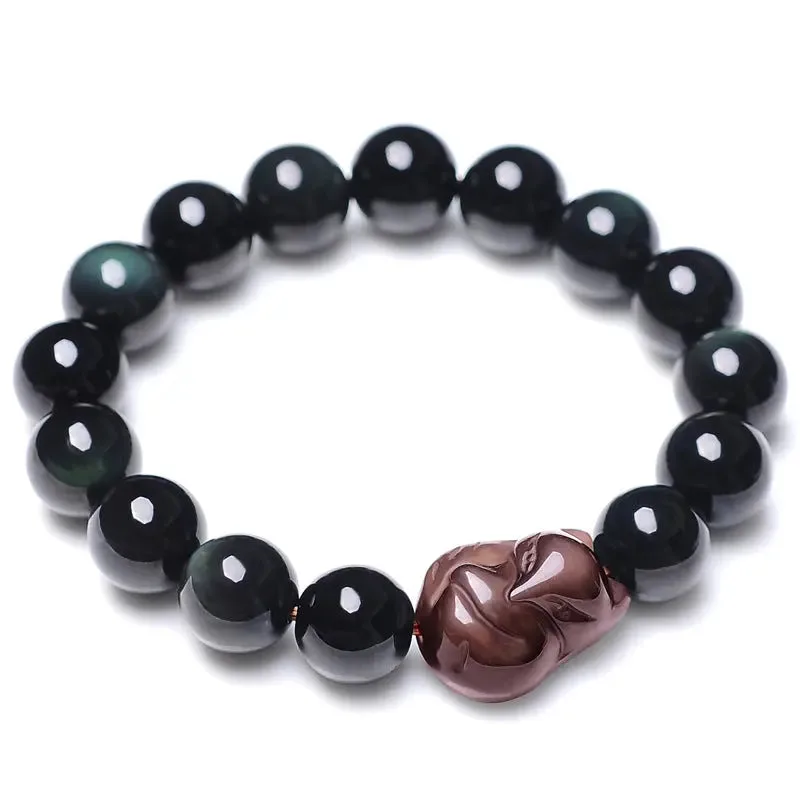 Natural Obsidian Fox Round Bead Bracelet-Woolova