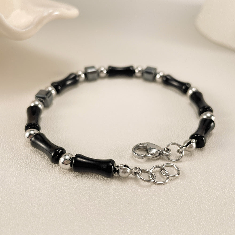 Natural Black Bamboo Hematite Stone Bracelet-Woolova
