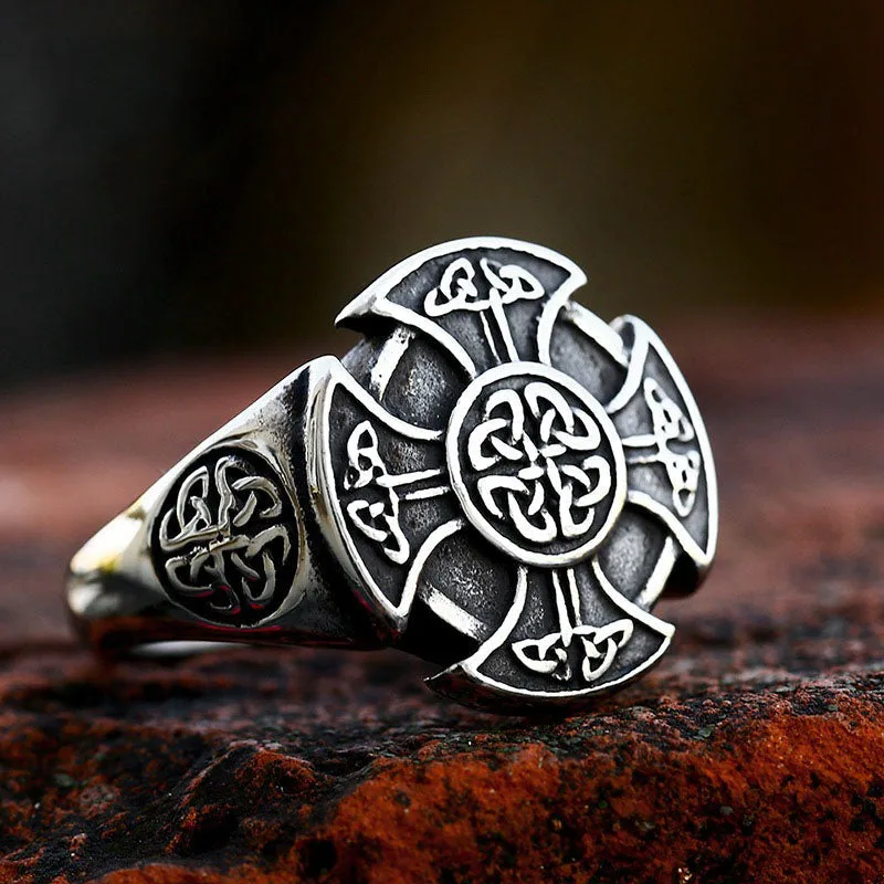 Nordic Viking Cross Celtic Knot Titanium Men's Steel Ring-Woolova