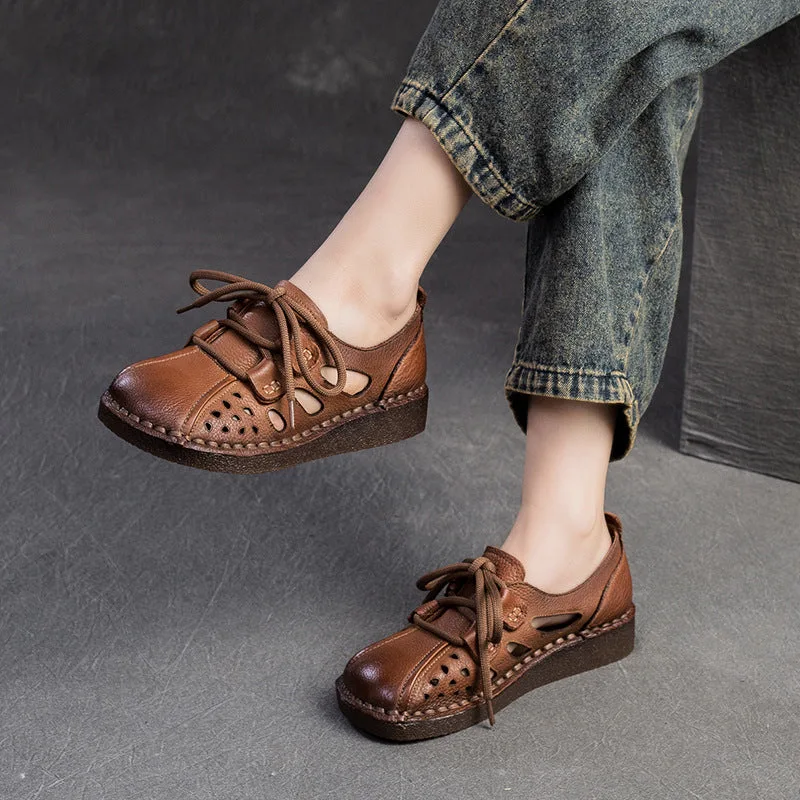 Women Retro Hollow Leather Flat Casual Shoes-Woolova