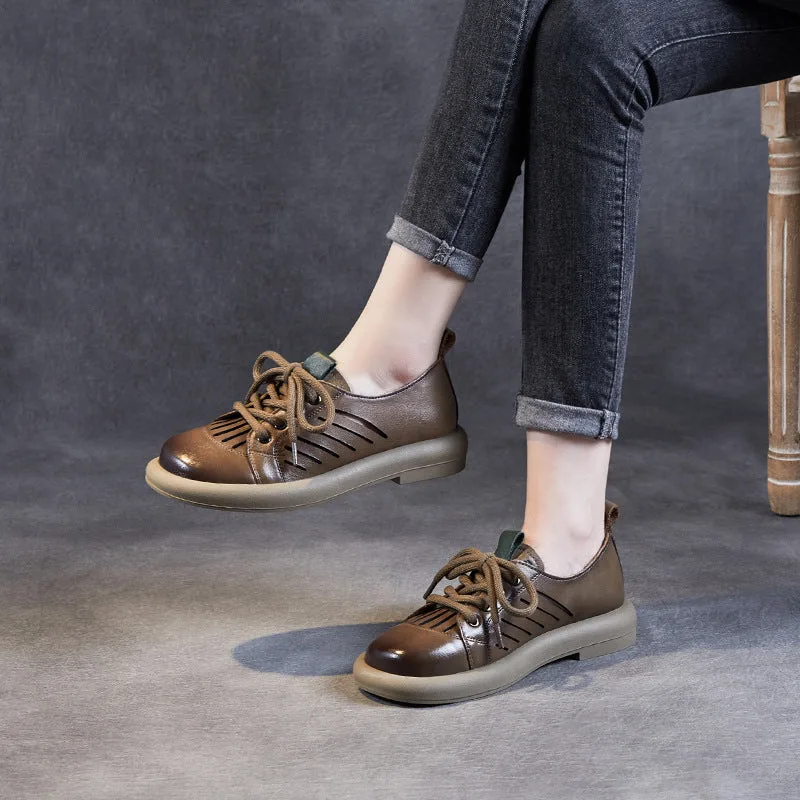 Women Retro Hollow Leather Flat Casual Shoes-Woolova