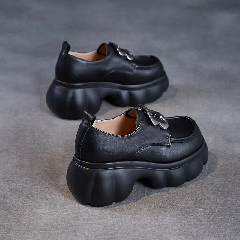 Women Plain Leather Buckle Chunky Platform Loafers-Woolova