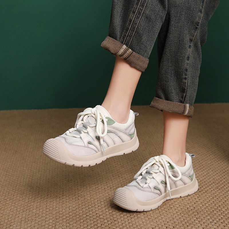 Women's Breathable Mesh Leather Low Top Casual Shoes-Woolova