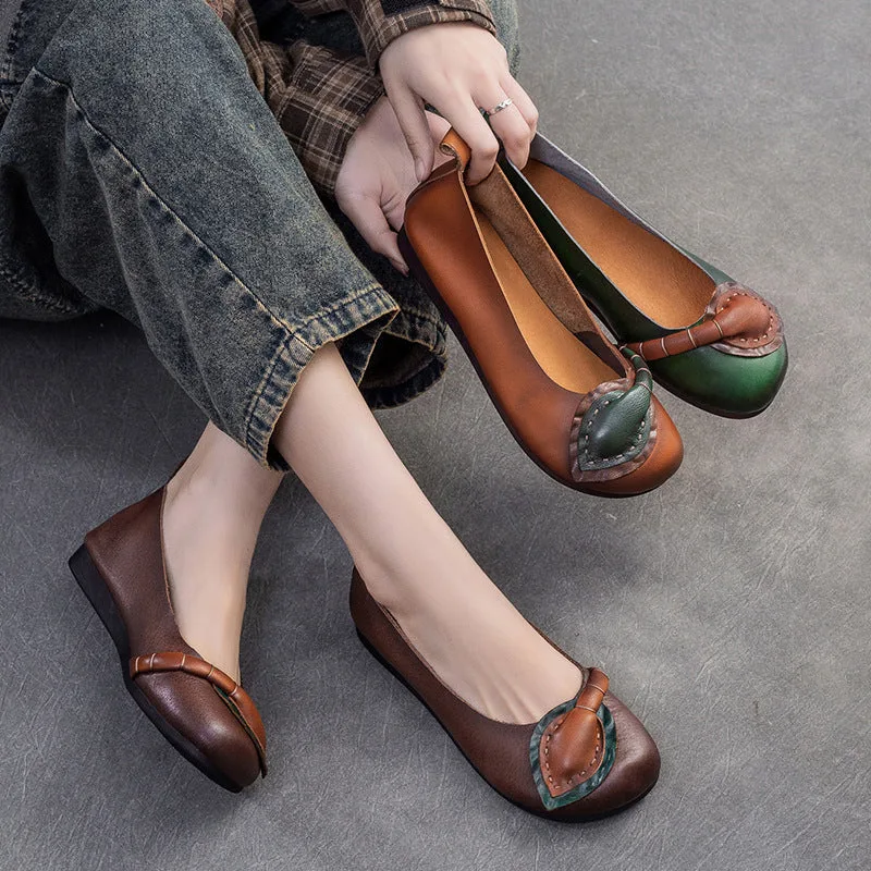 Women Retro Leather Soft Casual Flats Shoes-Woolova
