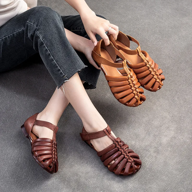 Women Retro Handmade Leather Flat Summer Sandals-Woolova