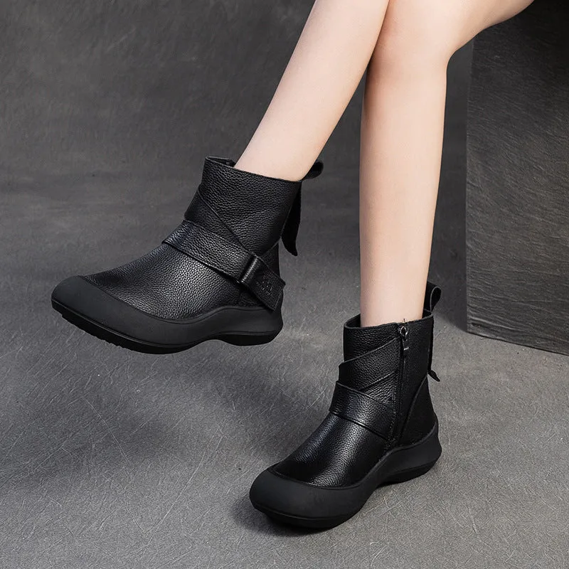 Women Minimalism Solid Leather Furred Ankle Boots-Woolova