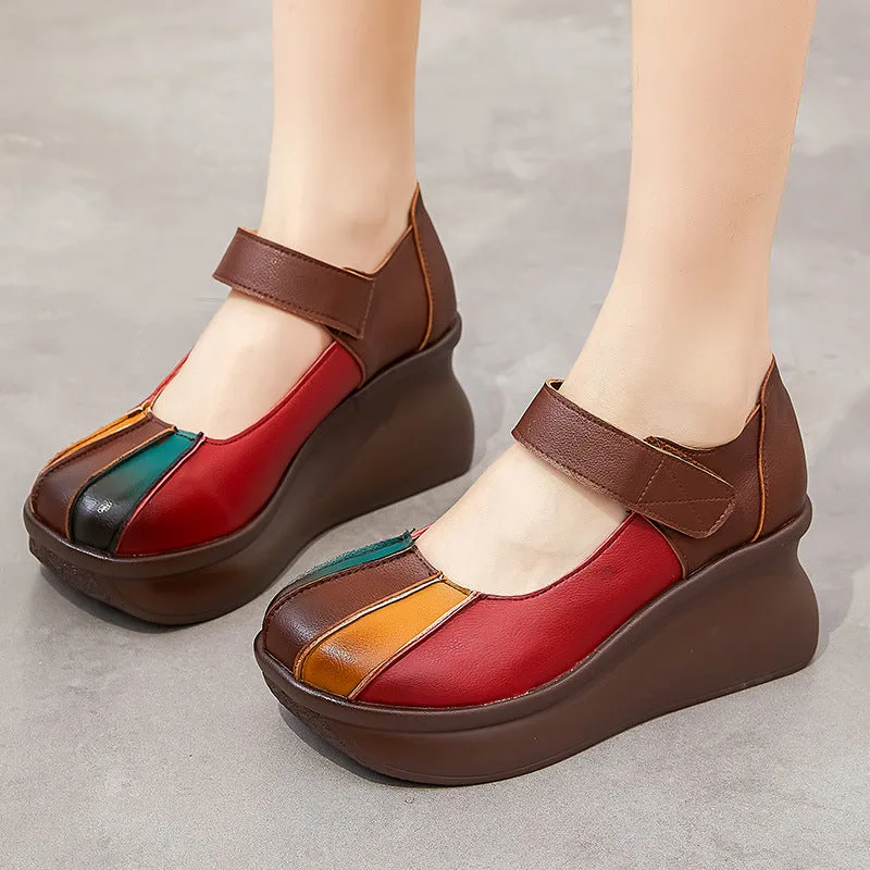 Women Color Matching Leather Casual Wedge Loafers-Woolova