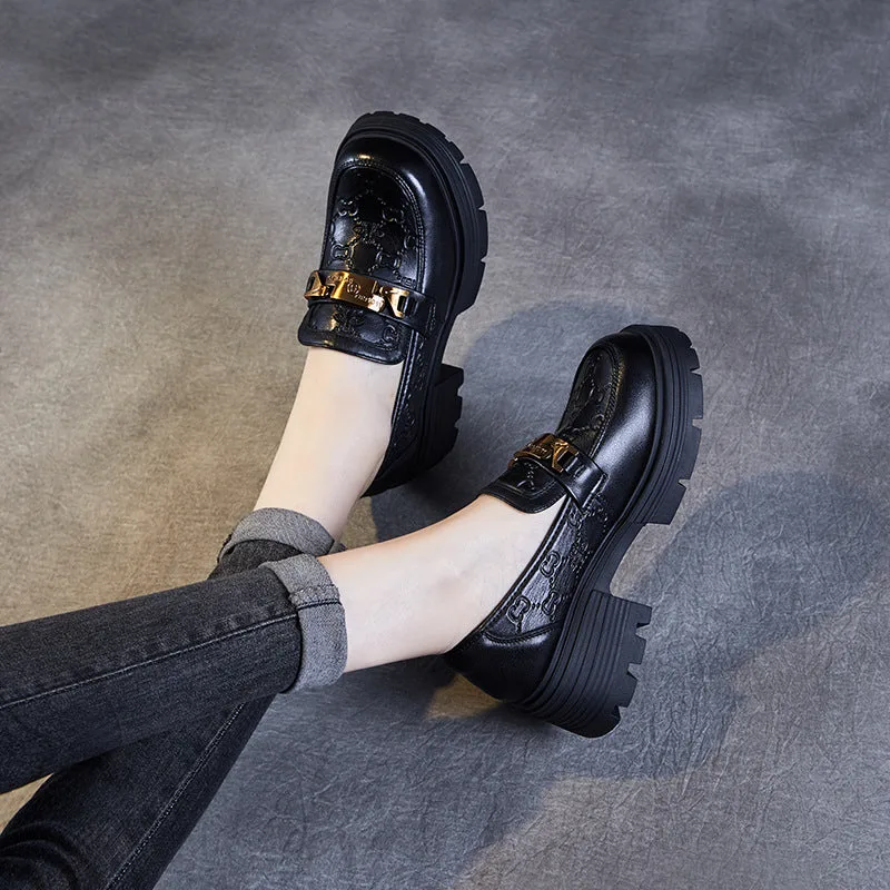 Women Retro Embossed Leather Thick Soled Loafers-Woolova