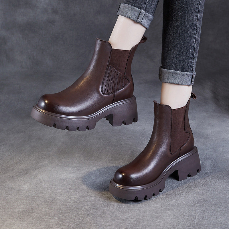 Women Vintage Solid Leather Platform Casual Boots-Woolova