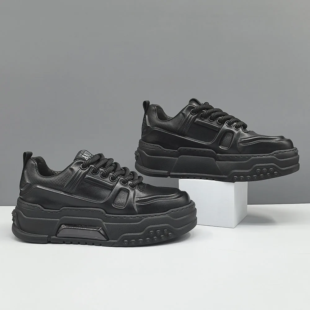Men Solid Leather Minimalism Thick Soled Casual Shoes-Woolova