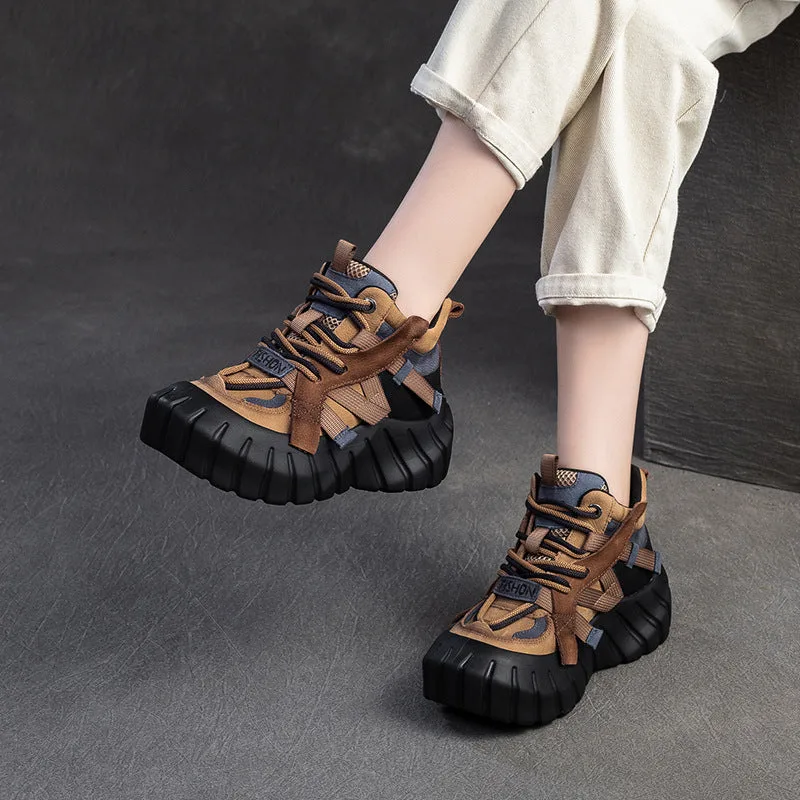 Women Color Matching Leather High-Top Platform Casual Shoes-Woolova