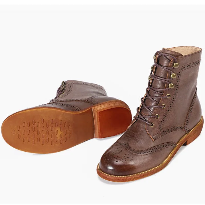 Handmade Womens's Leather Ankle Lace Up Carving Brogue Boots-Woolova