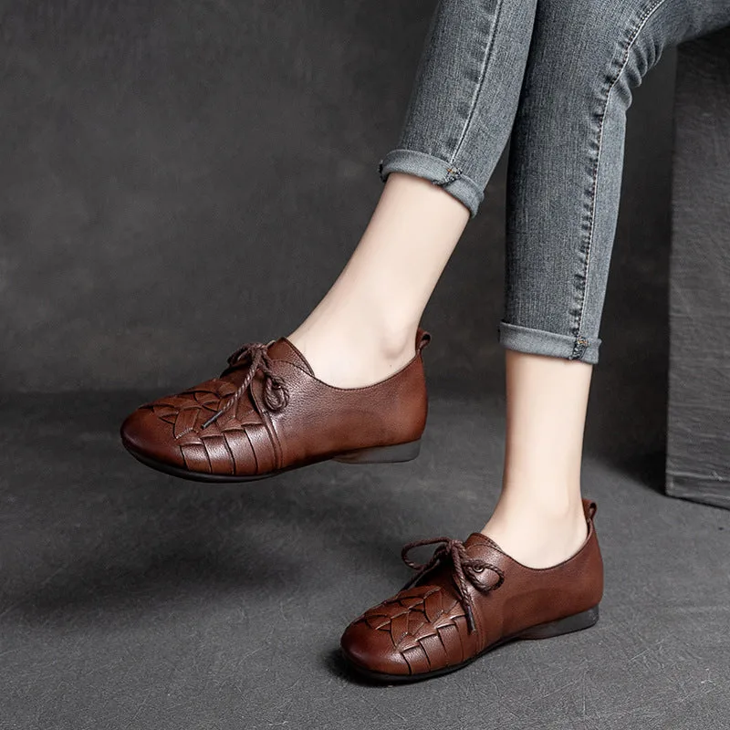 Women Retro Handmade Plaited Leather Flat Shoes-Woolova