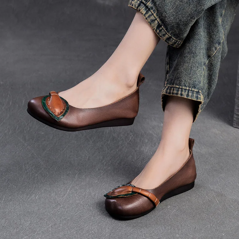 Women Retro Leather Soft Casual Flats Shoes-Woolova