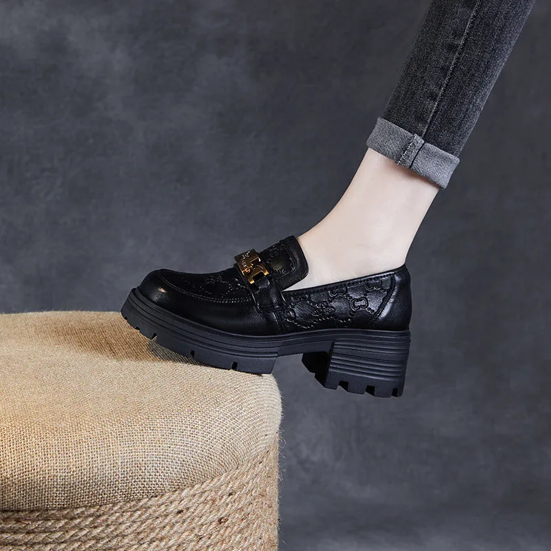 Women Retro Embossed Leather Thick Soled Loafers-Woolova