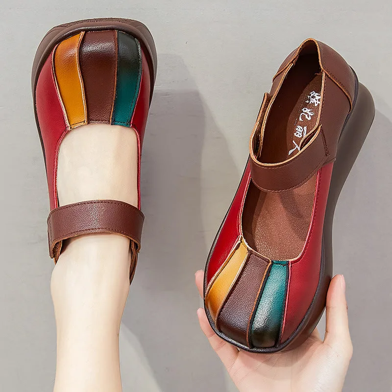 Women Color Matching Leather Casual Wedge Loafers-Woolova