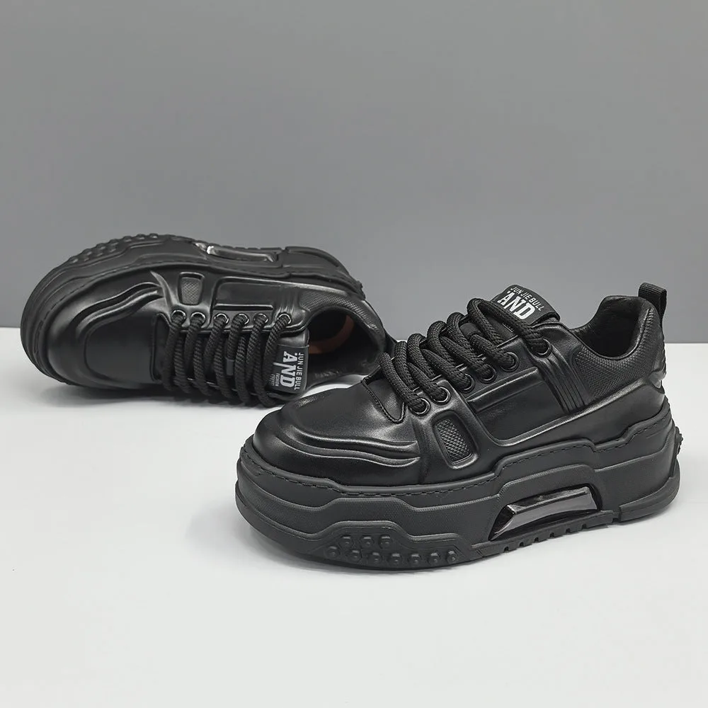 Men Solid Leather Minimalism Thick Soled Casual Shoes-Woolova