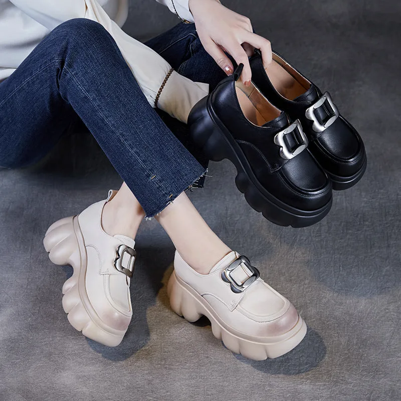 Women Plain Leather Buckle Chunky Platform Loafers-Woolova
