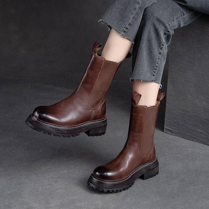 Women Retro Minimalist Leather Mid-Calf Boots-Woolova