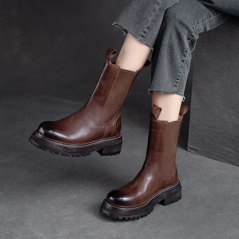 Women Retro Minimalist Leather Mid-Calf Boots-Woolova