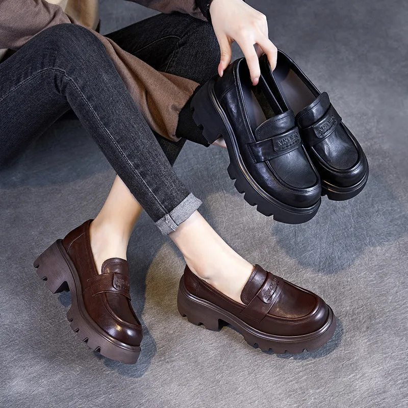 Women Minimalism Solid Leather Chunky Heel Loafers-Woolova