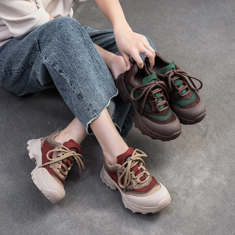 Women Retro Leather Breathable Mesh Casual Shoes-Woolova