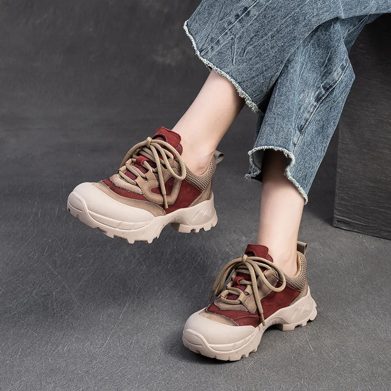 Women Retro Leather Breathable Mesh Casual Shoes-Woolova