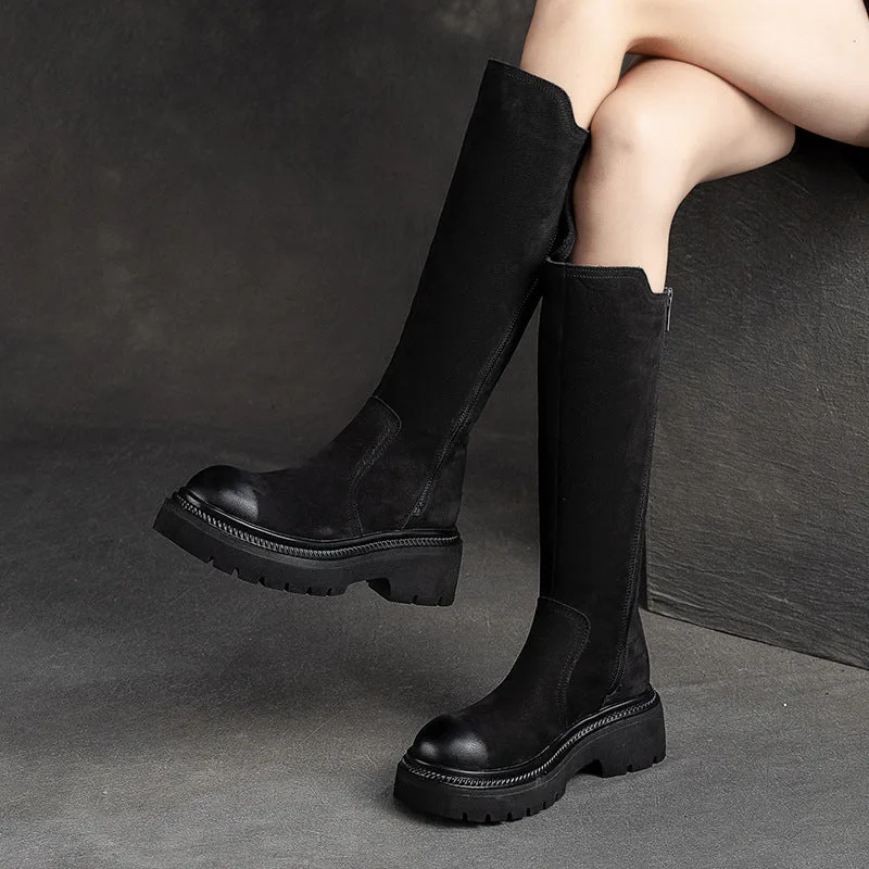 Women Retro Leather Minimalist Winter Riding Boots-Woolova