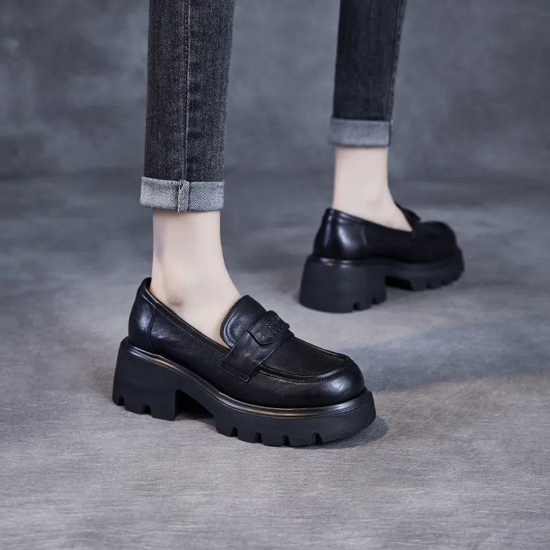 Women Minimalism Solid Leather Chunky Heel Loafers-Woolova