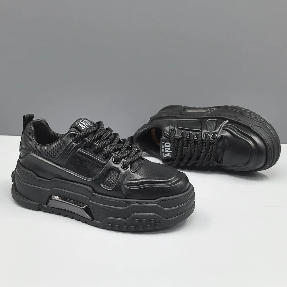 Men Solid Leather Minimalism Thick Soled Casual Shoes-Woolova