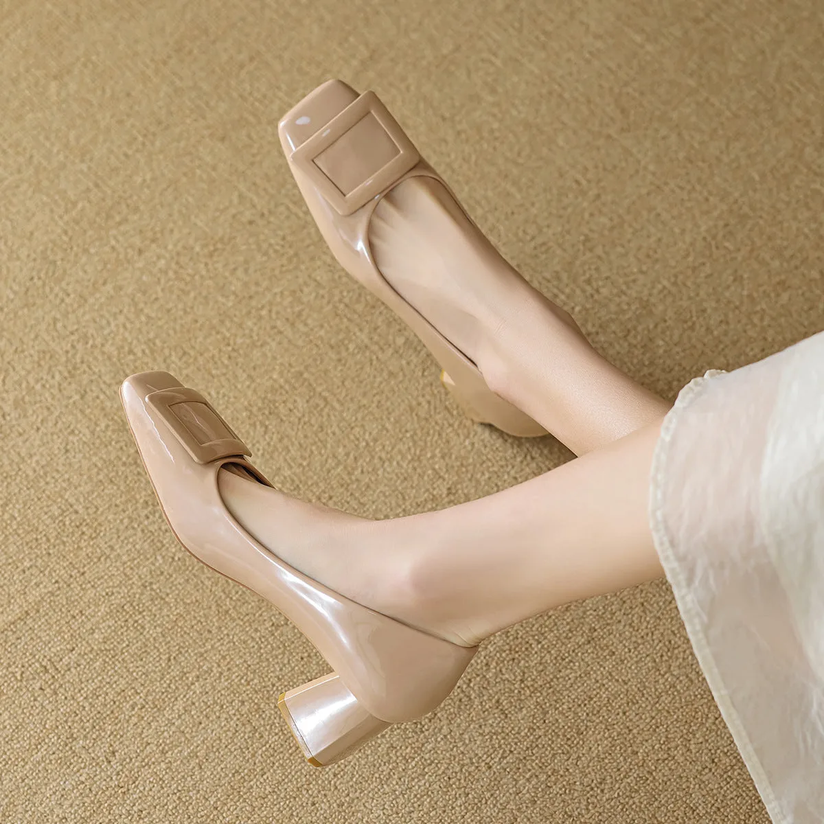 Women Fashion Glossy Leather Casual Chunky Heel Pumps-Woolova