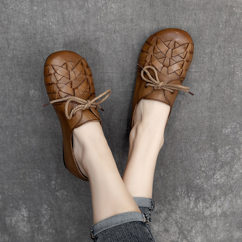 Women Retro Handmade Plaited Leather Flat Shoes-Woolova