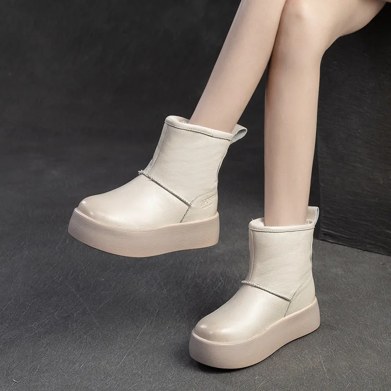 Women Minimalism Solid Leather Furred Snow Boots-Woolova
