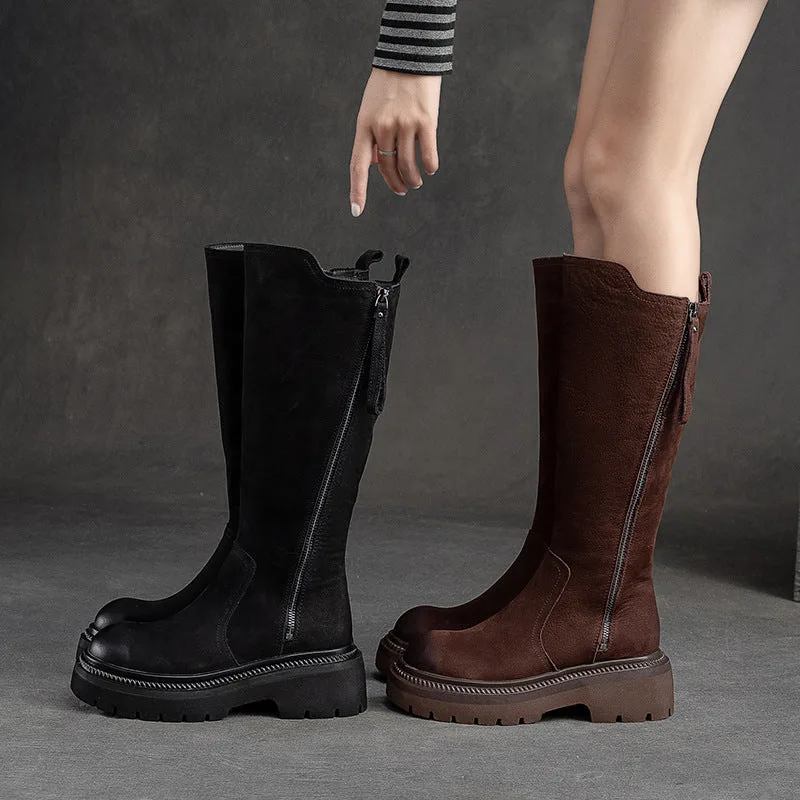 Women Retro Leather Minimalist Winter Riding Boots-Woolova