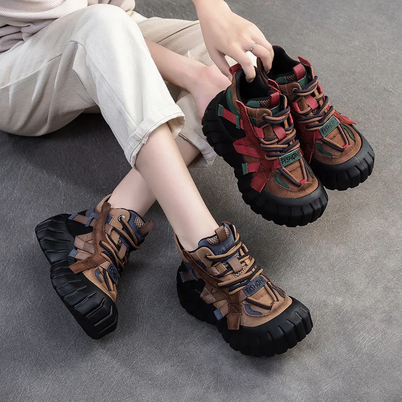 Women Color Matching Leather High-Top Platform Casual Shoes-Woolova