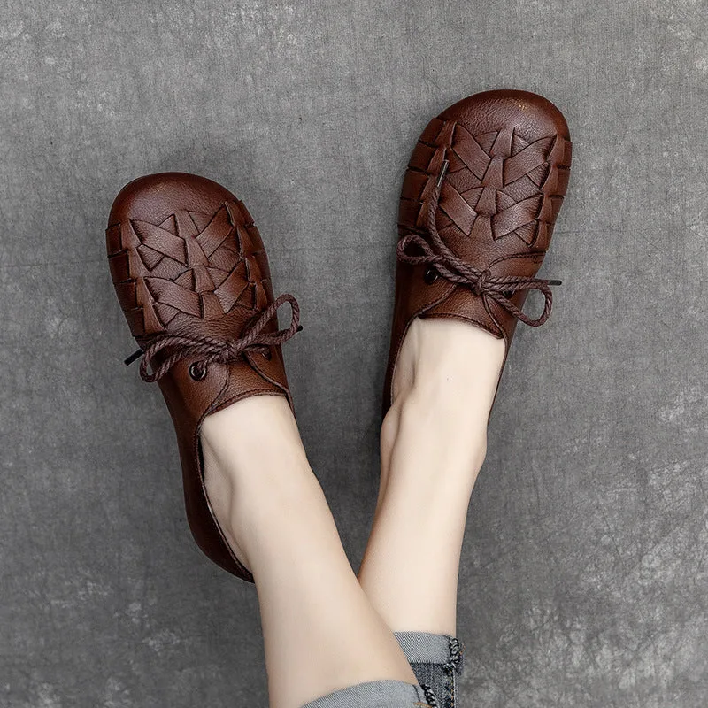 Women Retro Handmade Plaited Leather Flat Shoes-Woolova