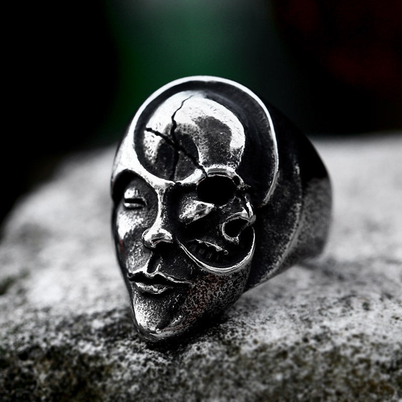 Stainless Steel Yin And Yang Face Skull Men's Ring-Woolova