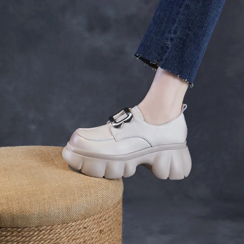 Women Plain Leather Buckle Chunky Platform Loafers-Woolova