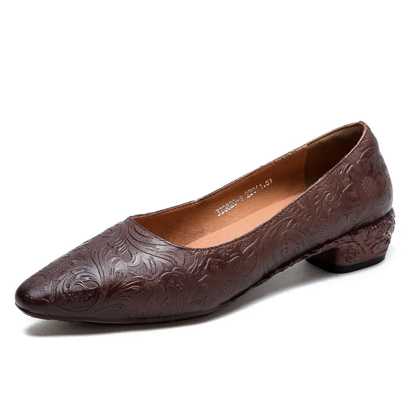 Women Retro Embossed Leather Chunky Heel Pumps Shoes-Woolova