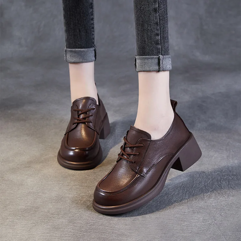 Women Classic Chunky Heel Work Leather Shoes-Woolova